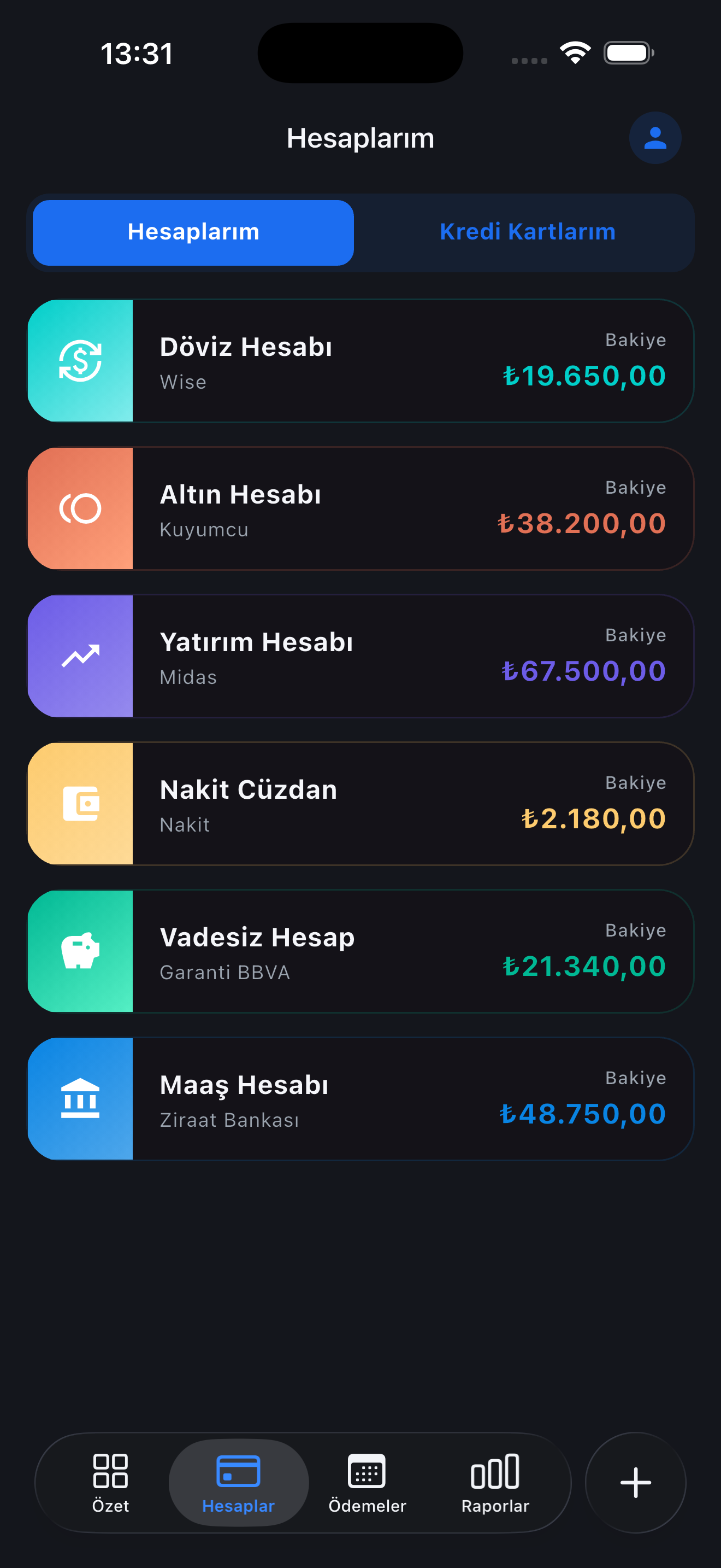 Hesaplarım ekranı