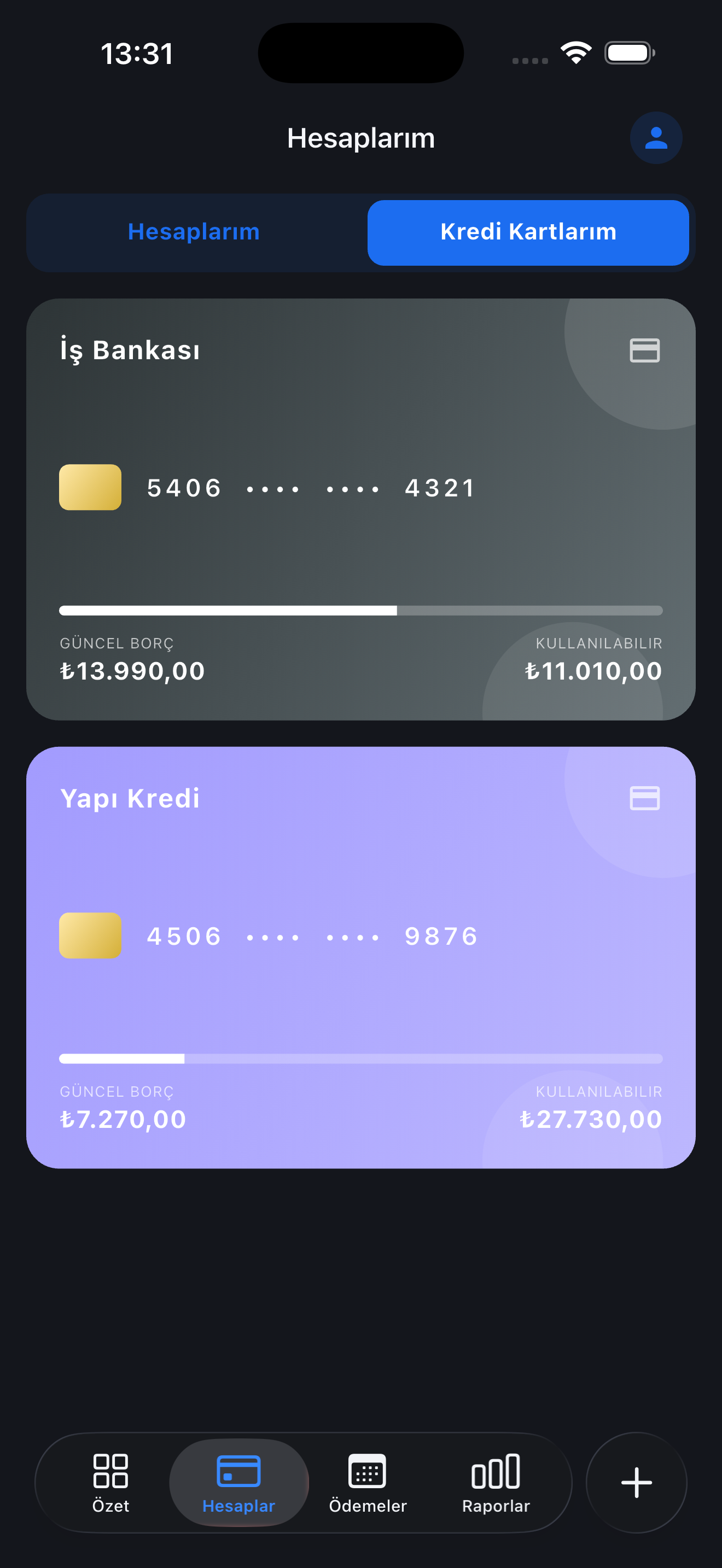 Kredi kartları ekranı