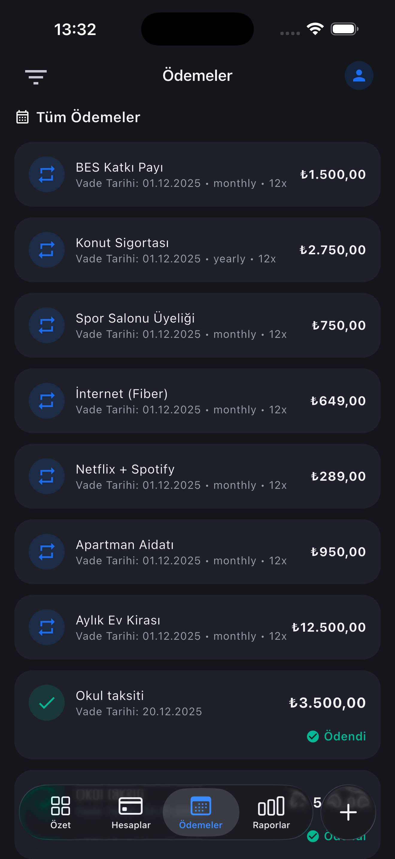 Ödemeler ekranı