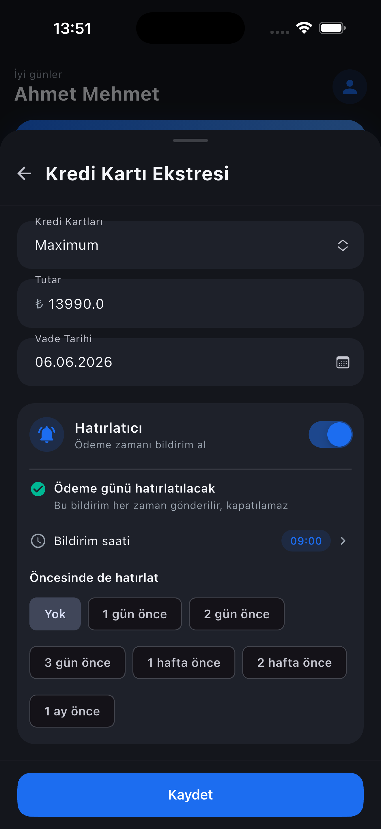 Kredi kartı ekstresi ve hatırlatıcı ekranı